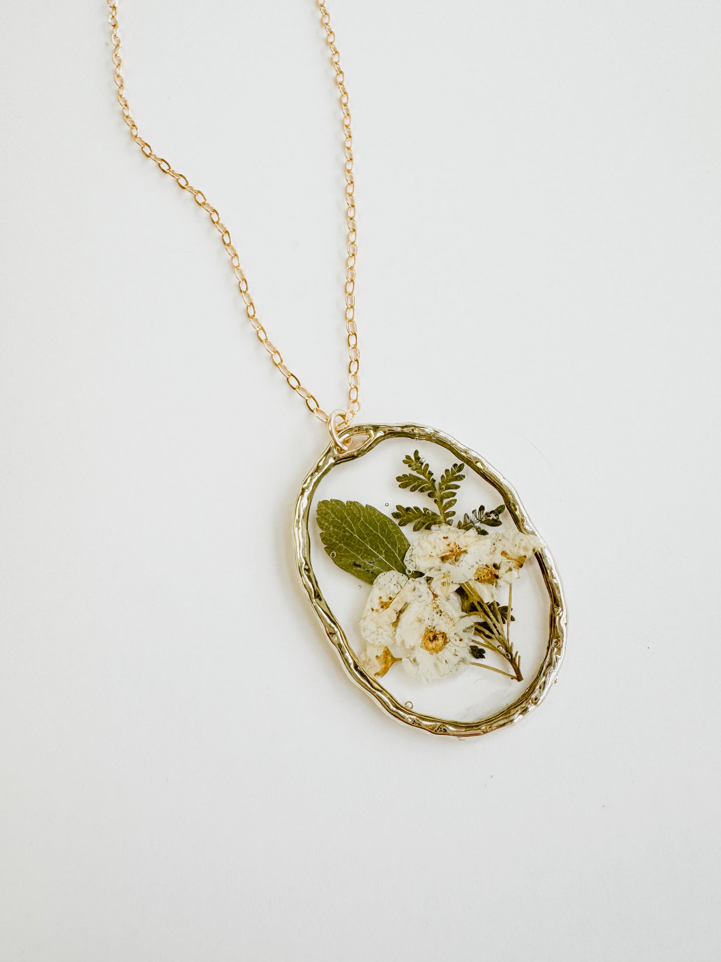 “Secret Garden” Necklace - Assorted White Flowers & Greens, Oval