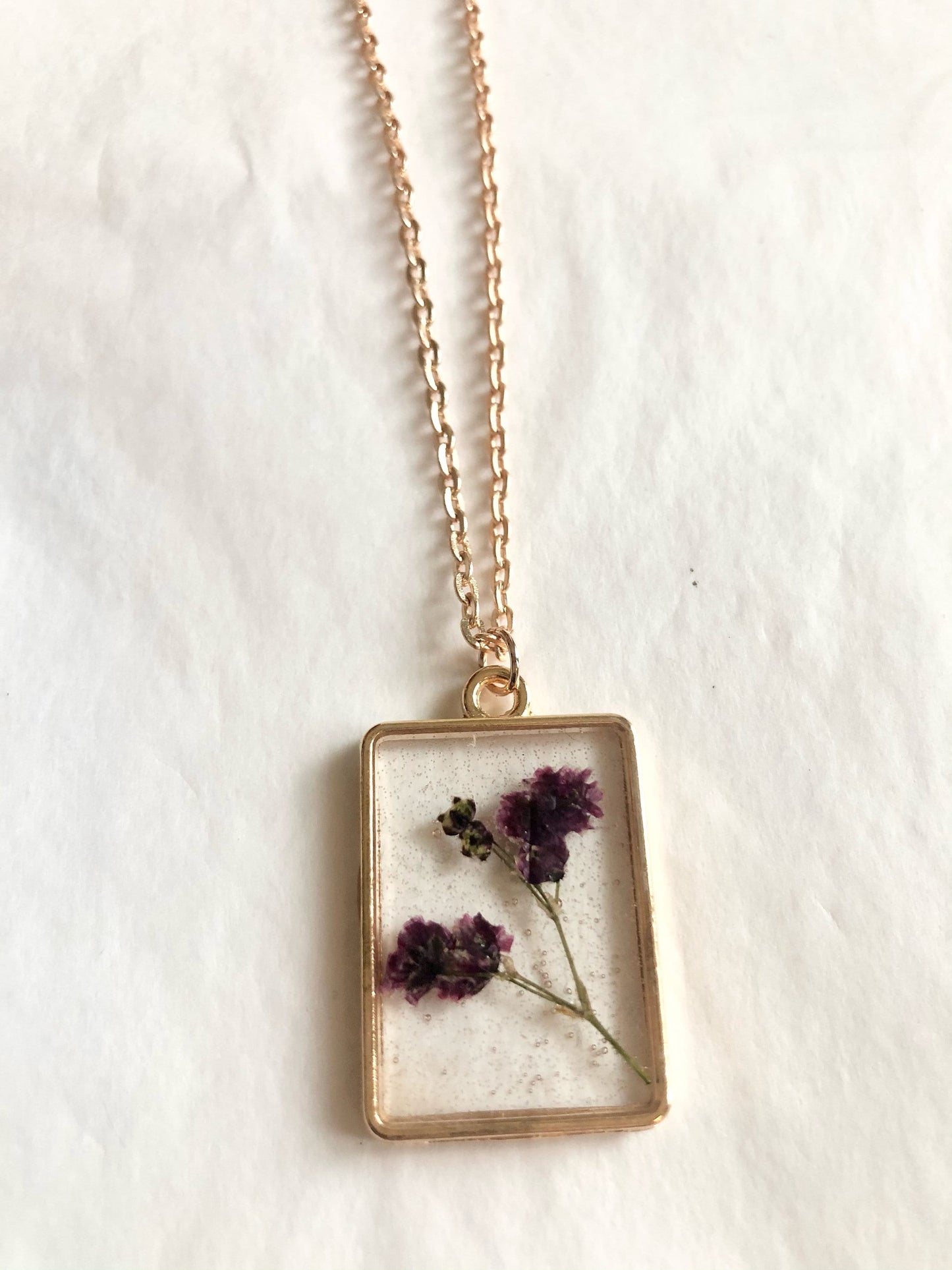 Real Dried Flowers and Resin Necklace, Small Gold Teardrop in Purples 14